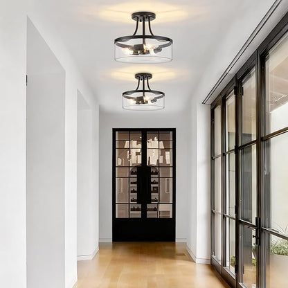 11.81" Black Semi Flush Mount Ceiling Light, Modern Glass Light Fixture, Industrial Hallway Light, 3-Light Close to Ceiling Light Fixtures for Entryway Bedroom Kitchen Laundry Dining Room, UL Listed