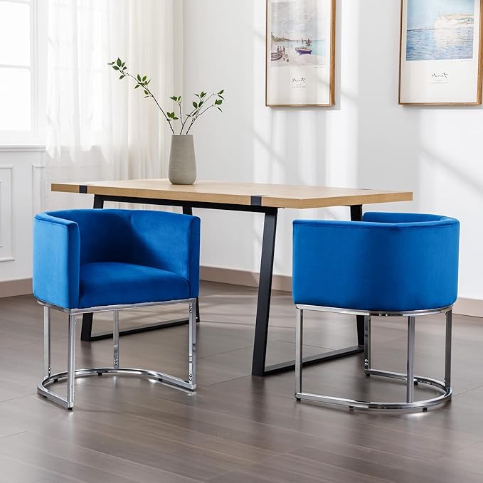 Velvet Dining Chairs Set of 4 Modern Barrel Arm Chairs with Chrome Metal Frame, Upholstered Kitchen Chairs 18.5" Wide Accent Chairs for Living Room Dining Room Restaurant, Blue