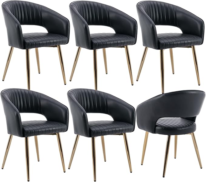 Modern Dining Chairs Set of 6, Upholstered PU Leather Gold Dining Room Chairs with Hollow Back, Accent Armrest Kitchen Chairs with Gold Legs for Living Room Black