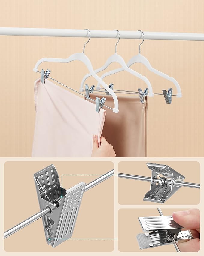 SONGMICS 30-Pack Pants Hangers, 16.7-Inch Long Velvet Hanger with Adjustable Clips, Heavy-Duty, Non-Slip Skirt Hangers, Space-Saving for Pants, Skirts, Coats, Dresses, White UCRF012W02