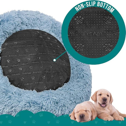 PetAmi Calming Dog Bed for Small Medium Dog Cat, Round Donut Washable, Fluffy Faux Fur Plush Cuddler Pet Kitten Cushion, Anti-Slip, Fits up to 45 lbs, 30 inch, Dusty Blue