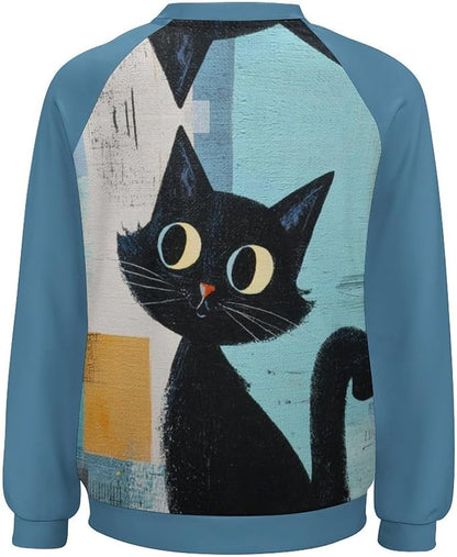 Abstract Cute Cat Shirts for Women Long Sleeve Lady Crewneck Pullover Sweatshirt Fall Winter Oversized Tops