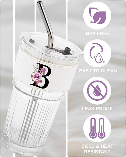 Alphabet Glass Cup with Lid Straw Ice Tea Ribbed Coffee Matcha Latte Clear Tumbler Cute Women Wife Wifey Girlfriend Gf Romantic Personalized Valentines Custom Funny Anniversary Special Day Gift B