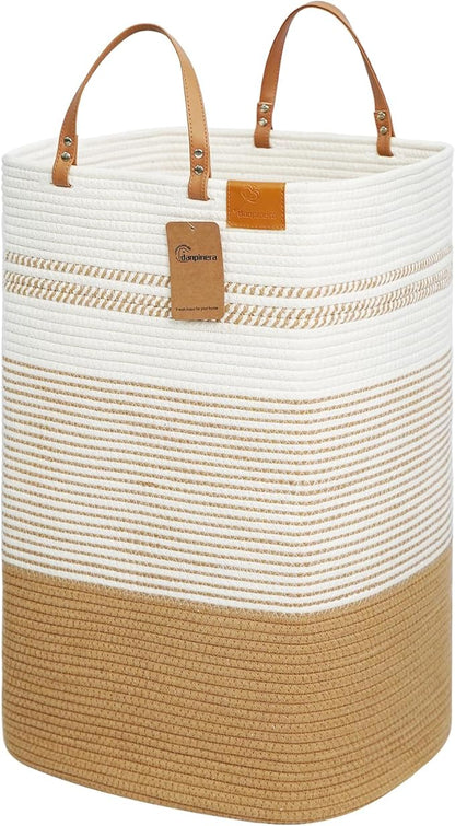 danpinera Large Laundry Hamper – 75L Tall Woven Cotton Storage Basket with Leather Handles, Slim Dirty Clothes Hamper, Decorative Storage Basket for Blanket,Toys White & Jute