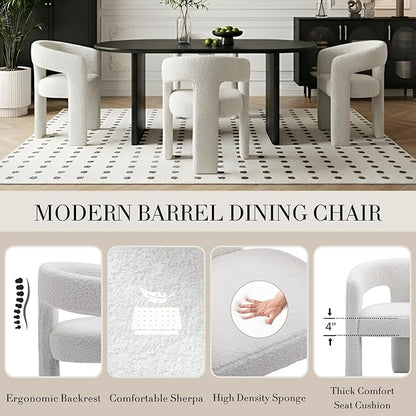 Modern Sherpa Dining Chairs Set of 6, Upholstered Barrel Chairs with Arms Comfy Accent Side Chairs for Living Room/Dining Room/Reception, White