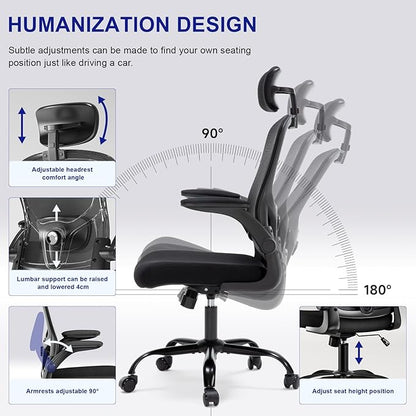 Ergonomic Office Chair - Adjustable Lumbar Support and Headrest, High Back Desk Chair with Flip-Up Arms for Home Office, 90-120° Tilt & Swivel Rolling Task Chair (Black)