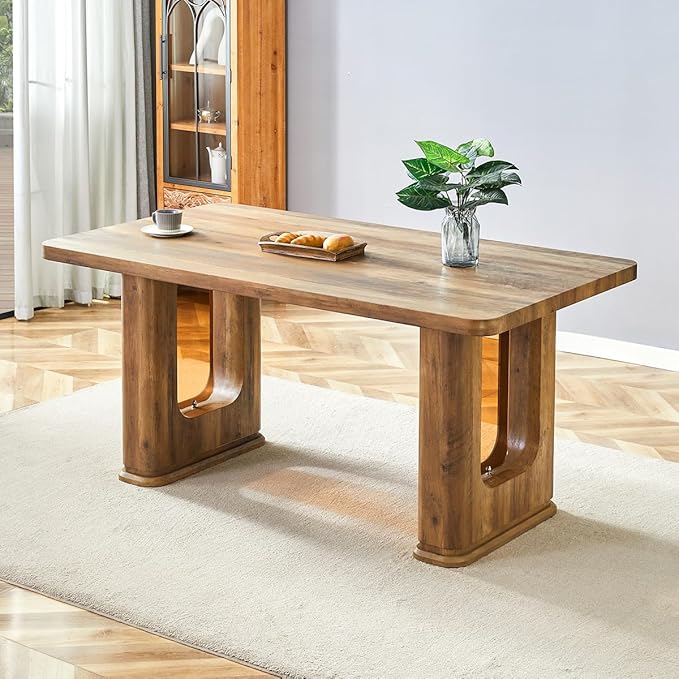 Dining Room Table for 6 - Wooden Dining Table with 1.7-Inch Thick Seamless Tabletop and Dual Pedestal Base,64.5'' Farmhouse Dining Table Ideal for Kitchen,Home Office(Easy to Assemble)