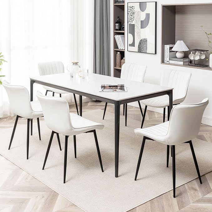 Leather Dining Chairs Set of 6, Upholstered Dining Room Chairs with Metal Legs, Modern Dining Chair for Dining Room, Kitchen (White)