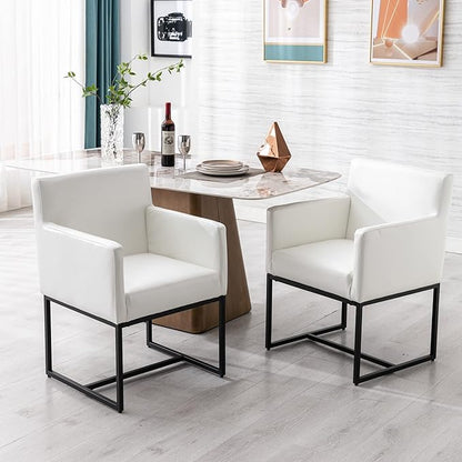 Set of 2 Upholstered Dining Chairs with Armrest, PU Leather Modern Accent Armchairs, Kitchen & Dining Room Chairs Side Chairs, White