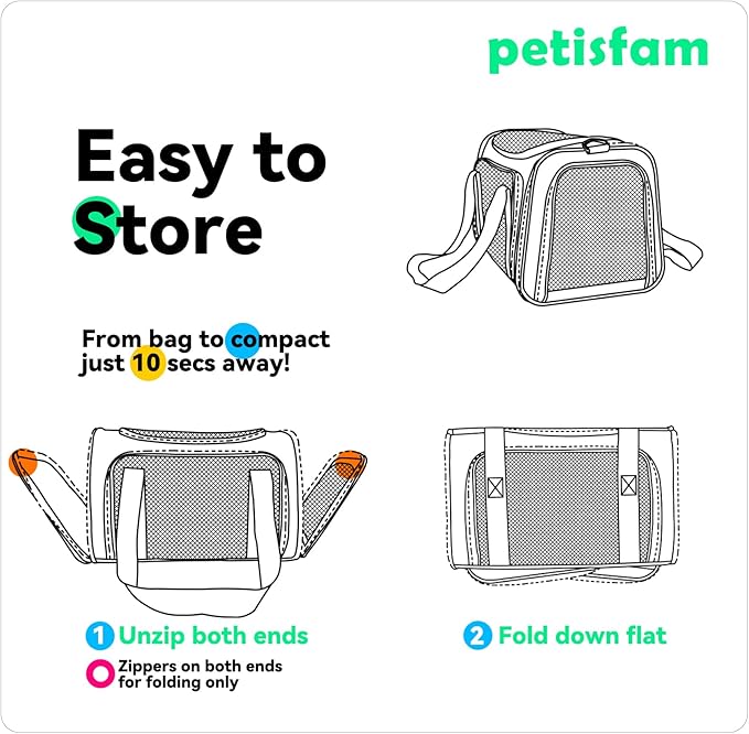 petisfam Top Load Cat Carrier for Medium Cats and Small Dogs with Washable Cozy Bed, 3 Doors and Shoulder Strap. Easy to get cat in, Easy Storage, Lightweight, Airline Approved
