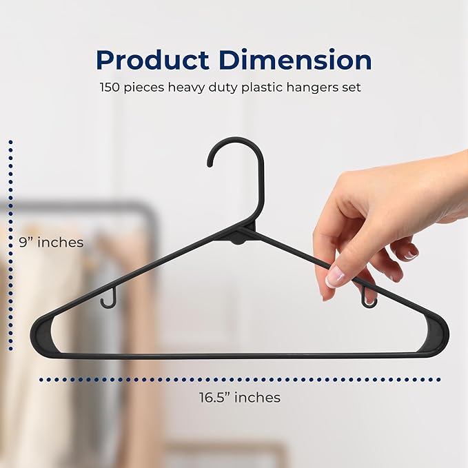 SereneLife 150 Pack Plastic Hangers, Lightweight, Durable, Space Saving Clothes Organizers, Suitable for Shirts, Sweaters, Hoodies, Dresses, Kids Clothes, Good for Home Organization (Black)
