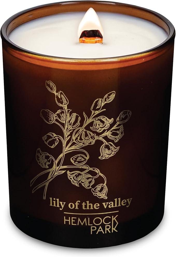 Hemlock Park Amber & Gold Wood Wick Candle Handcrafted with Natural Coconut Wax (Standard 7.2 oz, Lily of The Valley)
