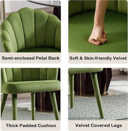 Velvet Dining Chairs Set of 4 Modern Living Room Chairs with Petal Back & Wood Legs Comfy Upholstered Side Chair for Dining Room/Bedroom/Vanity, Olive