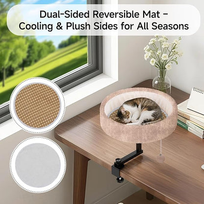 Cat Desk Bed - 360° Rotating & Adjustable, Supports 44 lbs, Soft Faux Fur with Dual-Sided Reversible Mat, Modern Indoor Cat Nest Furniture for Office Desks and Game Tables, Island Table