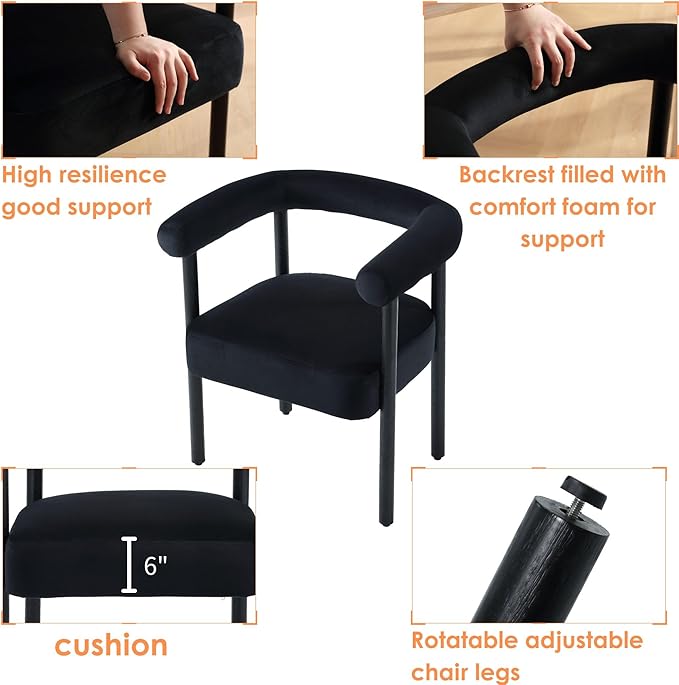 Mid-Century Modern Dining Chairs Set of 2, Armrest Barrel Dining Chairs Side Accent Chairs with Curved Back, Upholstered Wood Armchairs for Kitchen, Velvet Black