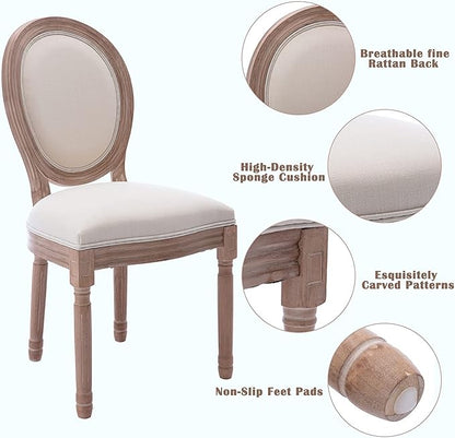 Nrizc French Dining Chairs Set of 6, French Country Dining Chair, Vintage Farmhouse Dining Chairs with Round Back, Solid Wood Beige Fabric Dining Room Chairs, for Kitchen, Bedroom, Dining Room