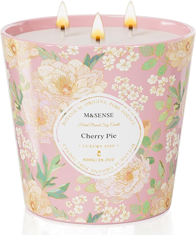 M&SENSE Cherry Pie Scented Candle, 28.2oz 3 Wick Natural Soy Wax Large Candles, Long Lasting Clean Slow Burning No Toxic Décor for Home Relaxation, Romantic Dates & Gift-Giving
