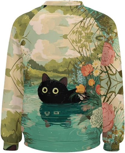 Abstract Cute Cat Shirts for Women Long Sleeve Lady Crewneck Pullover Sweatshirt Fall Winter Oversized Tops