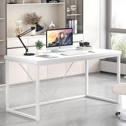 EXCEFUR Home Office Desk, Modern Wood Computer Desk, Wood Study Writing Table, Simple Gaming Executive Desk Workstation for Bedroom Living Room, White, 53 inch