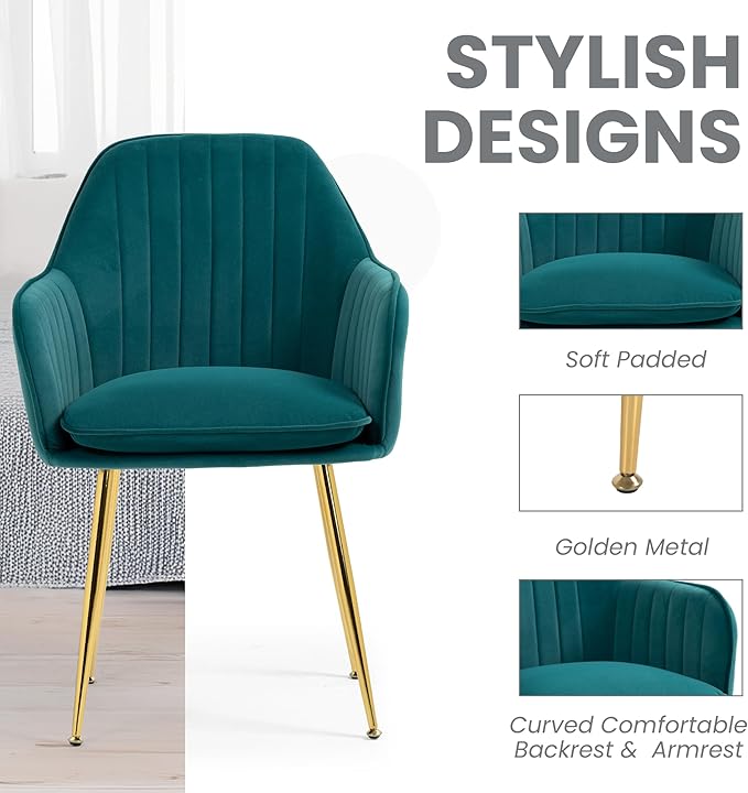 ECOTOUGE Matte Velvet Dining Chairs Set of 2, Modern Arm Chair with Golden Metal Legs, Living Room Accent Chairs for Kitchen, Emerald Green