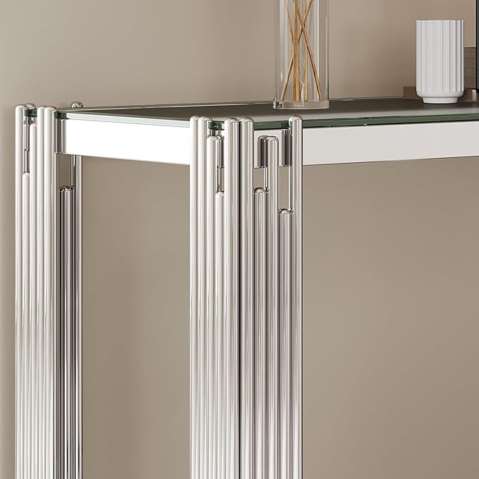 Goujxcy Modern Glass Console Table 55" Silver Entryway Table with Tempered Glass Top and Mirror Stainless Steel Legs,Luxury Rectangular Sofa Table for Living Room Hallway Corridor Table (Silver)