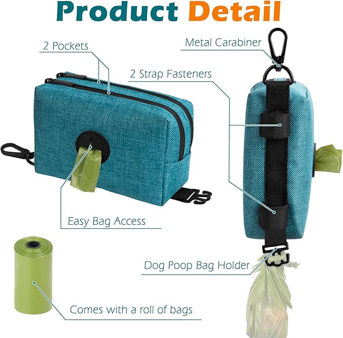 PetBonus Dog Poop Bag Holder, Portable Pet Waste Bag Dispenser, 2 Pouches for Treats and Walking Accessories, Fit All Leashes, Includes 1 Roll of Dog Poop Bags (Lagoon Blue)