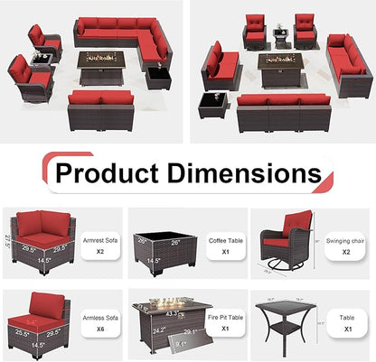 Kurapika 13 Pieces Patio Furniture Set, Rattan Wicker Outdoor Conversation Sets w/43in Propane Fire Pit Table, Swivel Rocking Chairs Patio Sectional Sofa w/4 Inch Cushion, Red