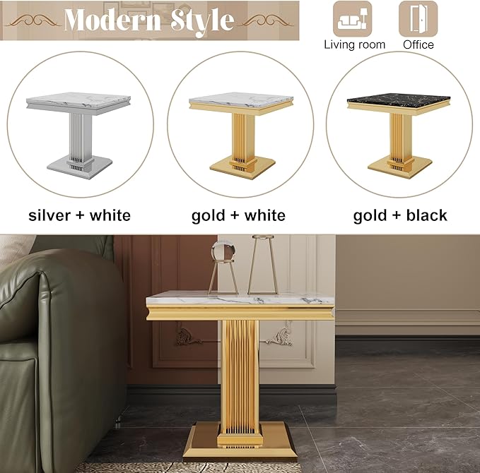 Faux Marble End Table, White Square Side Table with Golden Pillar Stainless Steel Base, Modern Accent End Table for Living Room, Office, Easy Assembly