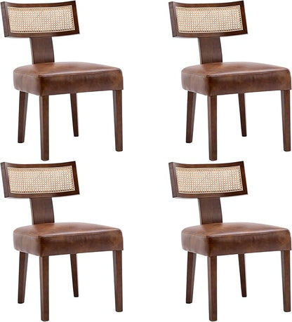 Mid Century Modern Dining Chairs Set of 4 Rattan Kitchen Chairs PU Leather Upholstered Side Chairs, Modern Kitchen Armless Solid Wood Dining Chairs, Brown