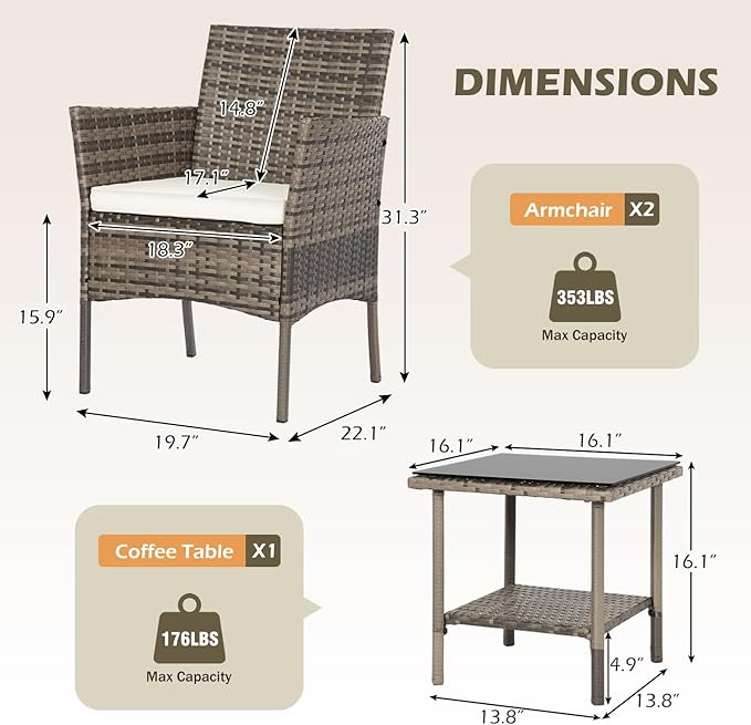 FDW 3 Piece Outdoor Furniture Set Patio Gray Wicker Chairs Furniture Bistro Conversation Set 2 Rattan Chairs with Khaki Cushions and Glass Coffee Table for Porch Lawn Garden Balcony Backyard