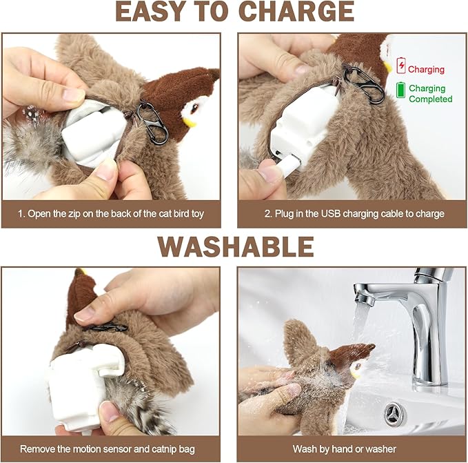 Tocirelo Cat Toy Flapping Bird (No Flying) - Simulate Chirping Flappy Bird, Interactive Cat Toys for Bored Indoor Adult Cats, Rechargeable Realistic Catnip Kicker Toy with Flapping Wings for Kitten