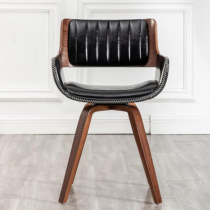 LUNLING Swivel Accent Faux Leather Dining Chairs, Mid Century Modern Chairs with Wooden Legs/Armrest/Upholstered Seat/Adjustable Foots for Kitchen Dining Room Desk Chairs,Black,1PCS