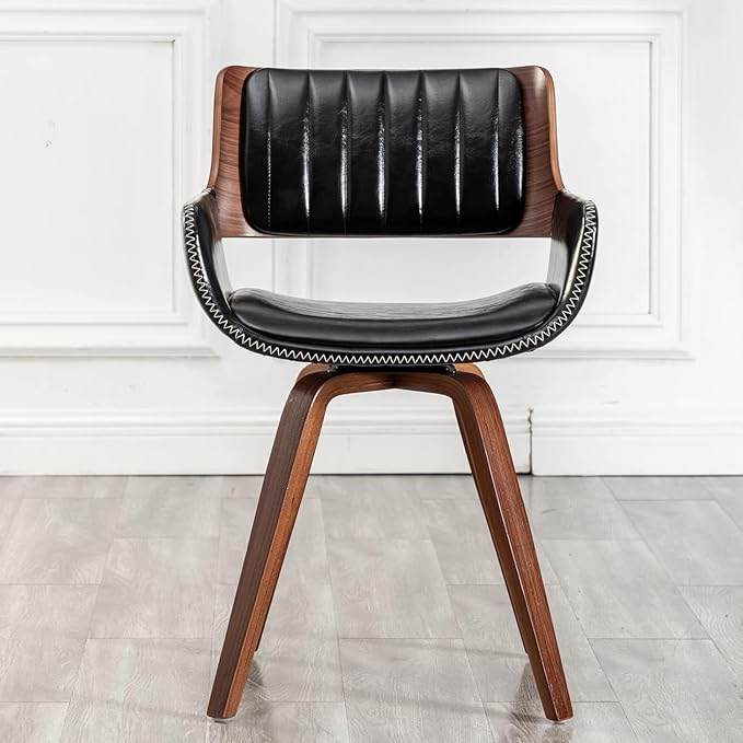 LUNLING Swivel Accent Faux Leather Dining Chairs Set of 4,Mid Century Modern Chairs with Wooden Legs/Armrest/Upholstered Seat/Adjustable Foots for Kitchen Dining Room Desk Chairs,Black