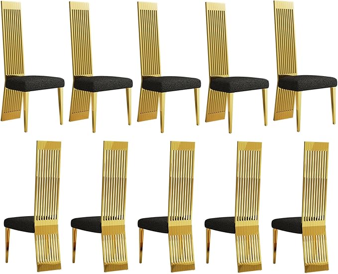 Upholstered Dining Chairs, Black and Gold Dining Room Chairs, Luxury Dining Chairs with Mirrored Metal Legs and Backrest, Set of 10