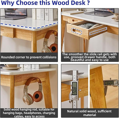 Small Computer Desk Table, Wood Writing Desk with Drawer and Hanging Rod, 39x20x30inch Study Desk, Work Desk, Wooden Dining Table White + Natural Wood Legs YD-WD01WN