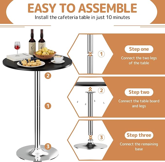 Shahoo Round Bar Table, Cocktail Tables with Metal Base & MDF Top, for Bistro Pub, Cafe, Silver and Black
