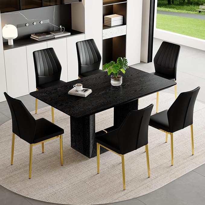 63" Modern Black Dining Table Set for 6 with Chairs, 7 Piece Rectangular Dining Room Table and 6 PU Leather Chairs, Kitchen Dining Set with Matte Wood Finish, Geometric Base, Easy Assembly
