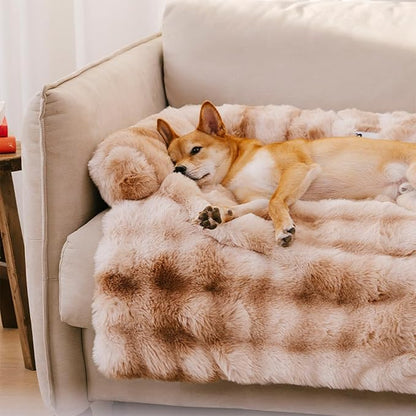 FUNNY FUZZY Pet Fluffy Plush Calming Dog Couch Bed Sofa Protector Washable Pets Mat for Large Medium Small Dogs and Cats (Tie-dye Brown,47.24 × 37.4 × 6.3 in)