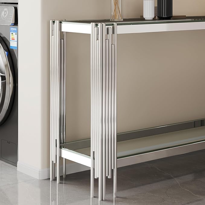 Goujxcy Modern Glass Console Table 55" Silver Entryway Table with Tempered Glass Top and Mirror Stainless Steel Legs,Luxury Rectangular Sofa Table for Living Room Hallway Corridor Table (Silver)