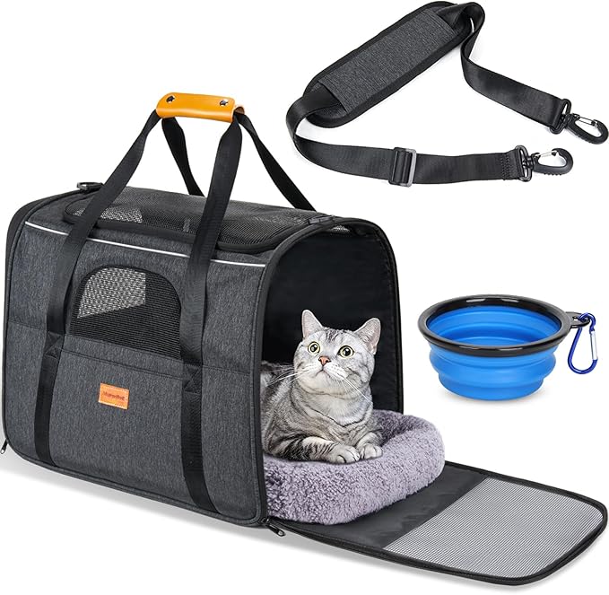 Morpilot Cat Carrier - Cat Carrier Soft for Medium or Large Cats up to 20lbs, with Dual-Sided Cushion, Secure Buckle and Foldable Bowl, Dog Carriers for Small Dogs - Pet Carrier (Dark Gray)