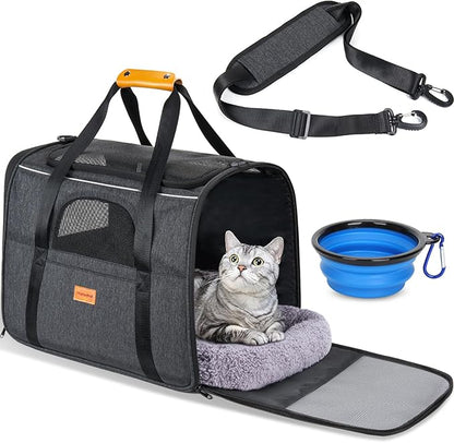 Morpilot Cat Carrier - Cat Carrier Soft for Medium or Large Cats up to 20lbs, with Dual-Sided Cushion, Secure Buckle and Foldable Bowl, Dog Carriers for Small Dogs - Pet Carrier (Dark Gray)