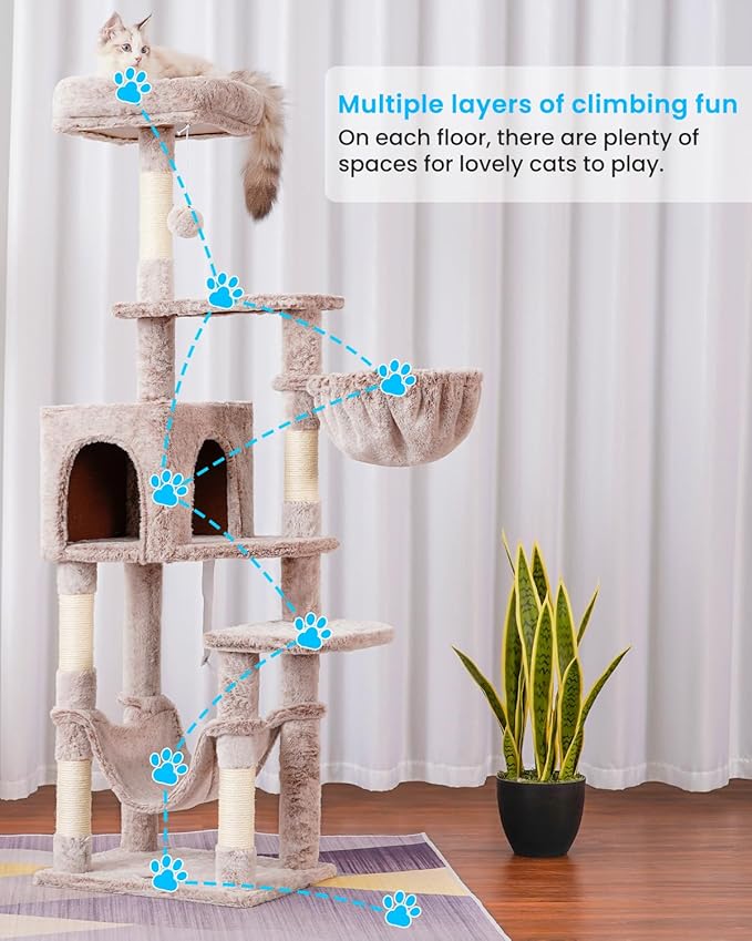 Hey-brother Cat Tree with Large Hammock, Multi-Level Cat Tower for Indoor Cats, Cat Condo with Sisal-Covered Scratching Posts and Top Perch, Muchroom MPJ050MU