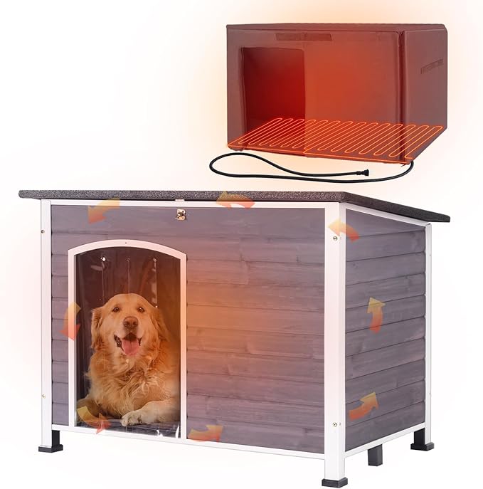 Aivituvin Heated Dog House with Insulated Liner for Winter, Waterproof Dog Kennel for Small Medium Large Dog with All-Around Iron Frame