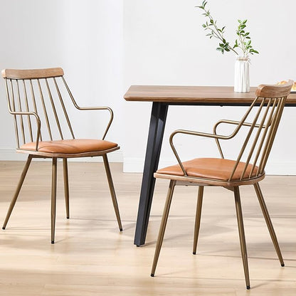 Modern Dining Chairs Set of 2, PU Upholstered Dining Chairs with Metal Legs, Wood Kitchen Chairs with Fence-Like Back and Curved Arm for Dining Room Kitchen Restaurant Reception (Brown)
