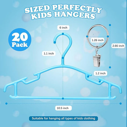 Baby Hangers with Metal Ring Clips, Children Plastic Hanger for Kids Pants Clothes Closet, 20 Pack, Blue