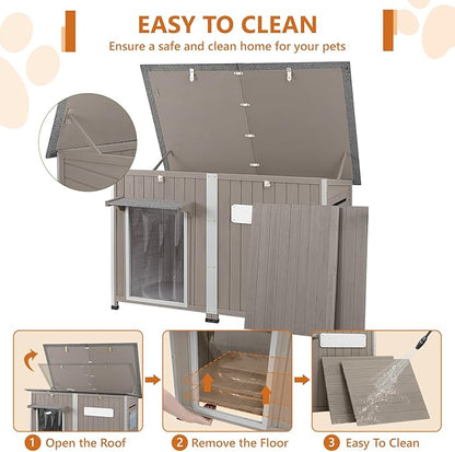 55"L Dog House Outdoor Large Breed Extra XL Wooden Dog House with Weatherproof Asphalt Roof, All-Around Iron Frame, Removable Floor, Openable Top Roof, Air Vents Window for Medium to Large Dogs