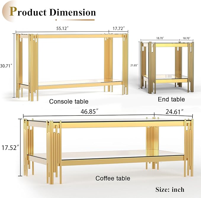 3 Pieces Glass Living Room Table Set Modern Coffee Table Console Table End Table Set with Storage 2-Tier Glass Gold Coffee Table Set w/Stainless Steel Frame for Apartment Home Office