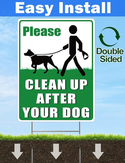 2-Pack Clean Up After Your Dog Signs, 12.6" x 9.5" with Metal Stake, No Dog Poop Lawn Signs with UV Protected & Waterproof, Double Sided Pick Up After Your Dog Sign for Yard