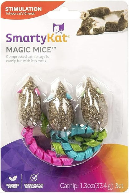 SmartyKat Magic Mice Compressed Catnip and Ribbon Cat Toys, Mess-Free for Hunting & Batting Fun for Cats & Kittens, Set of 3
