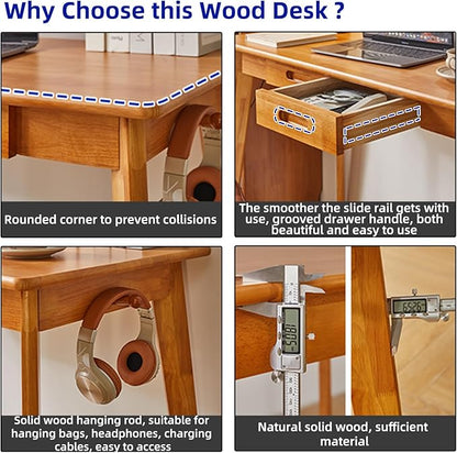 Wood Writing Desk with Drawer and Hanging Rod, Small Computer Desk Table, 39x20x30inch Work Desk, Study Desk, Small Wooden Dining Table Cherry Wood Color YD-WD01N